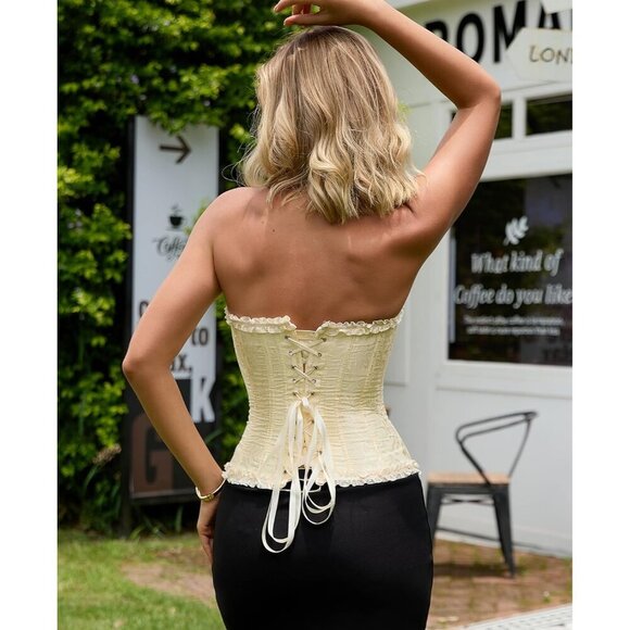 Women's Beige Vanilla Corset Tops Bustier Lingerie Lace Waist Push Up Bodysuit - Picture 4 of 6